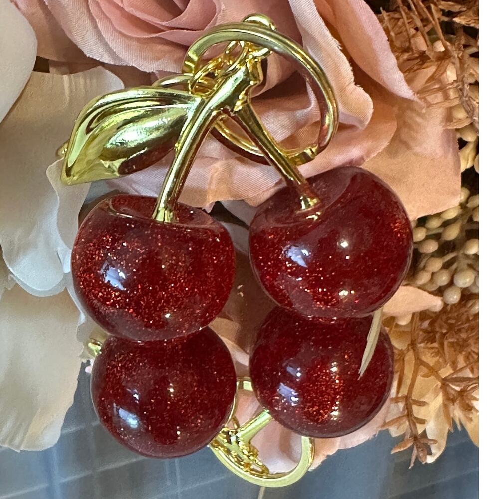 Red Glitter Resin Cherry Bag Charm Gold Hardware